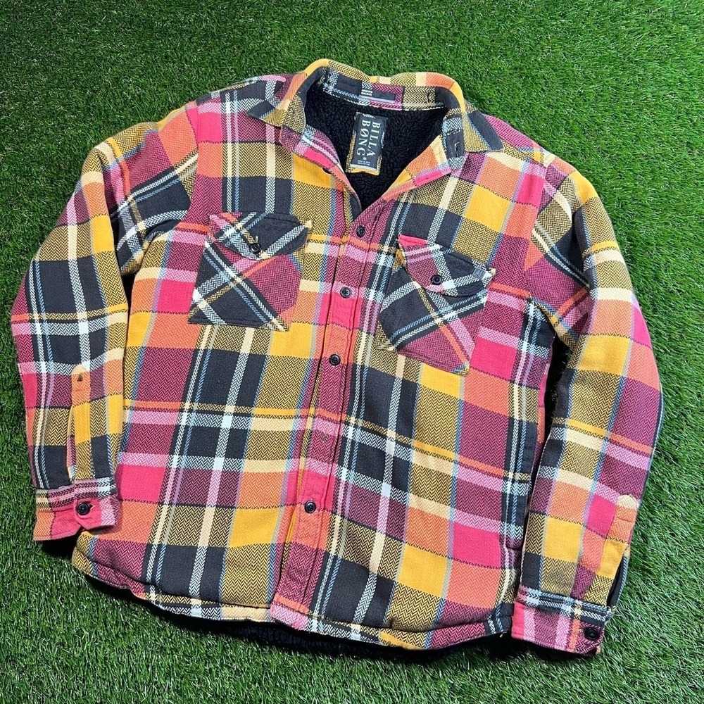 Billabong Plaid Sherpa Lined Jacket Medium Y2K 00s Flannel Surf Skate Grunge